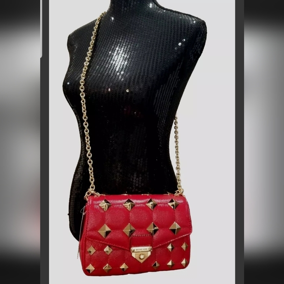 NWT!  MICHAEL KORS SOHO SMALL CRIMSON 🔥🔥 STUDDED CHAIN LEATHER SHOULDER BAG - Picture 4 of 14